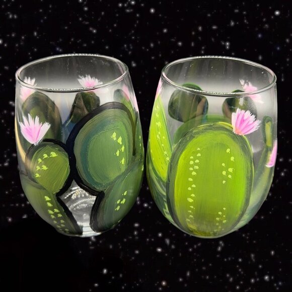 Vintage Libbey Glassware Painted Tumbler Glasses Cactus w Flowers Hand Painted 2 - Picture 8 of 9
